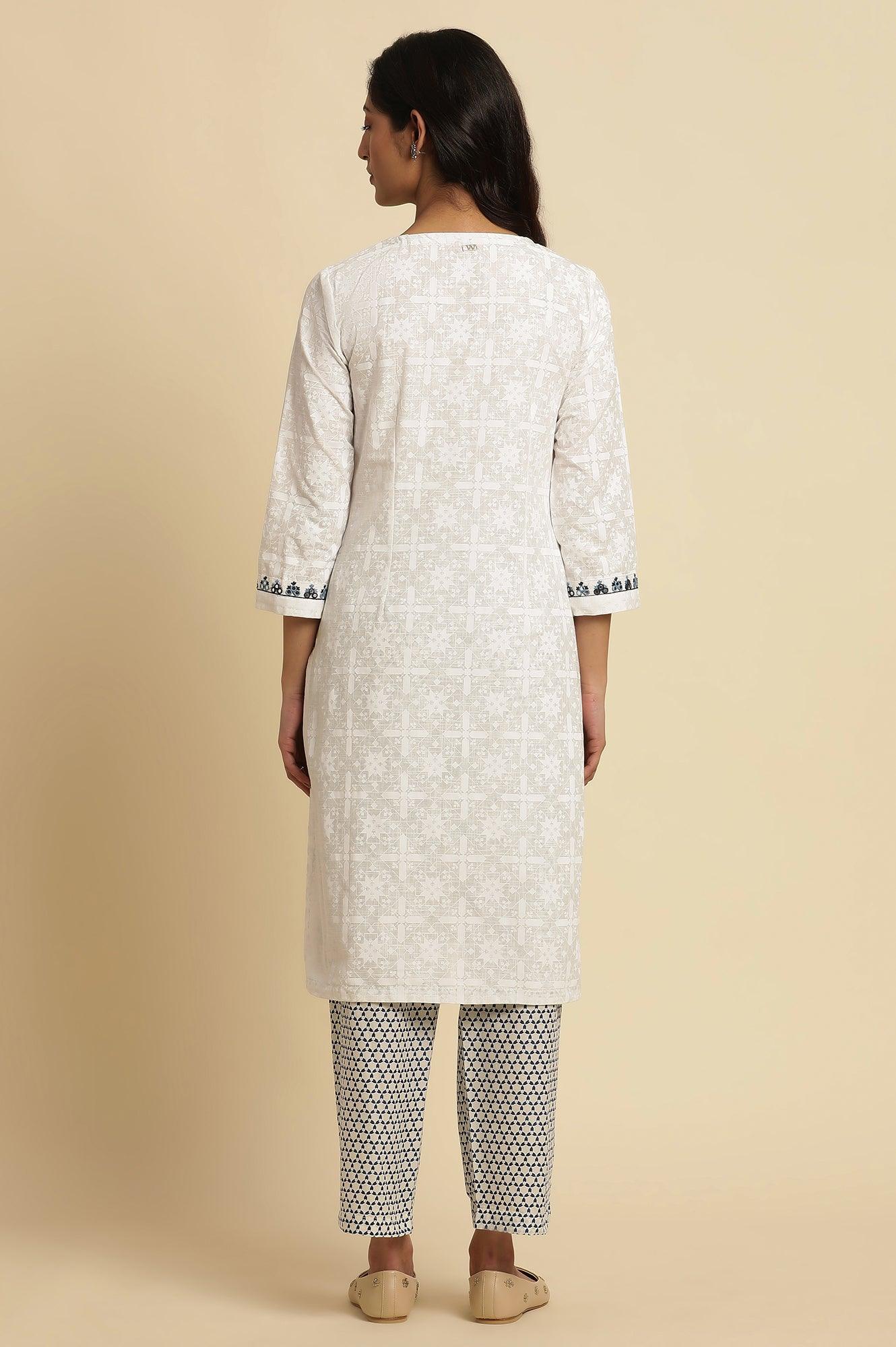W for Woman White Cotton Kurta With Embroidered Neck