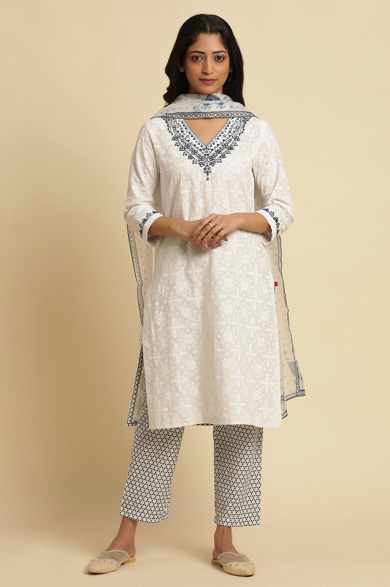 W for Woman White Cotton Kurta With Embroidered Neck