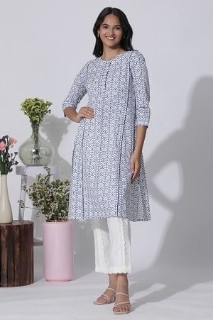W for Woman White Geometric Printed Cotton Kurta