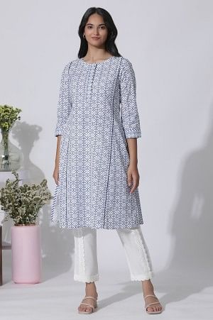 W for Woman White Geometric Printed Cotton Kurta