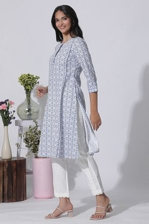 W for Woman White Geometric Printed Cotton Kurta