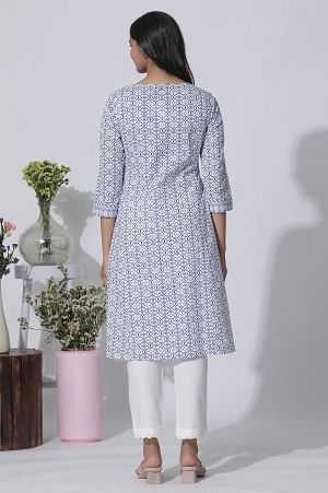 W for Woman White Geometric Printed Cotton Kurta