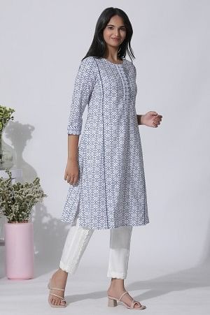 W for Woman White Geometric Printed Cotton Kurta