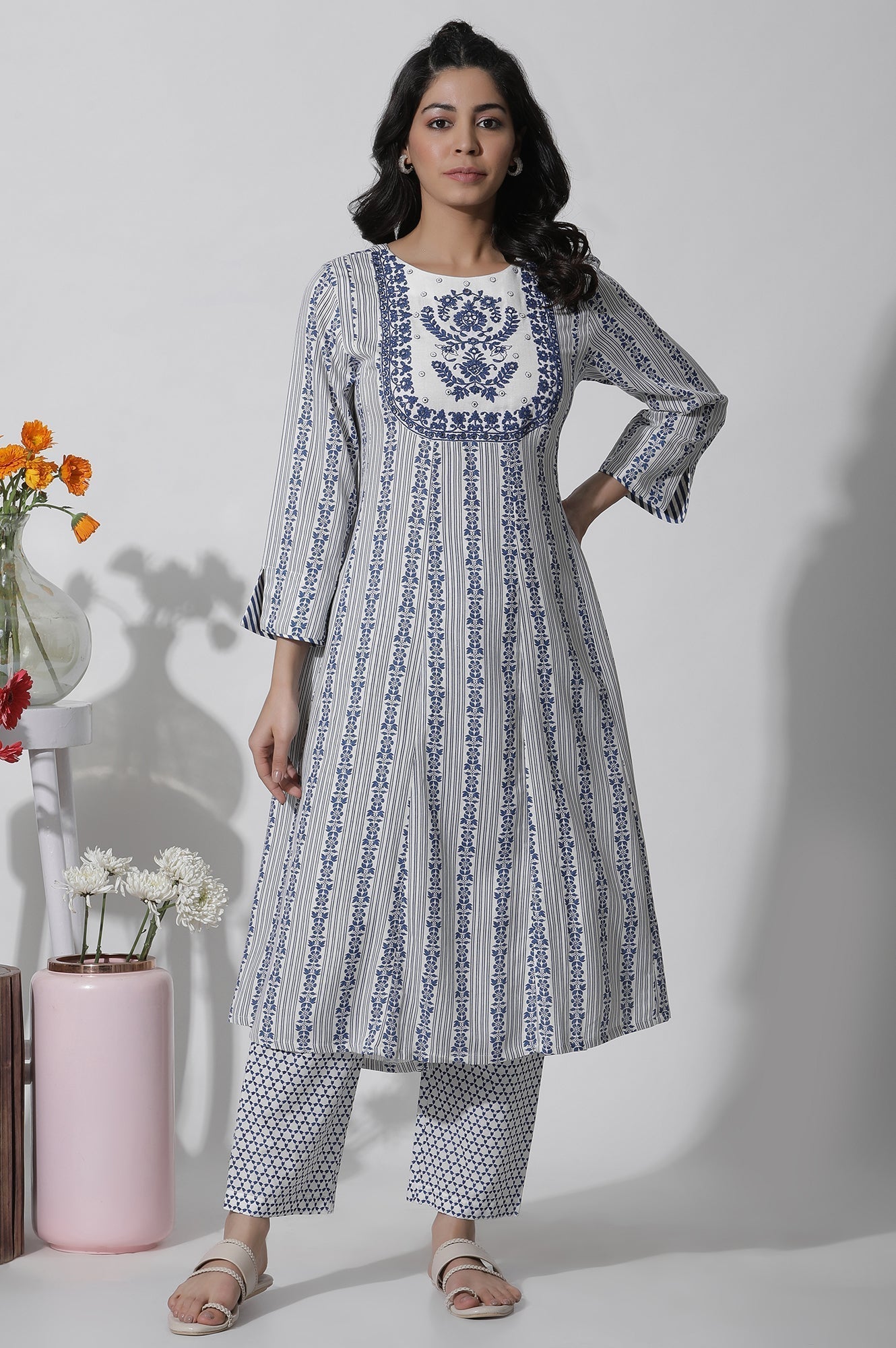 W for Woman White Flared Kurta With Blue Prints
