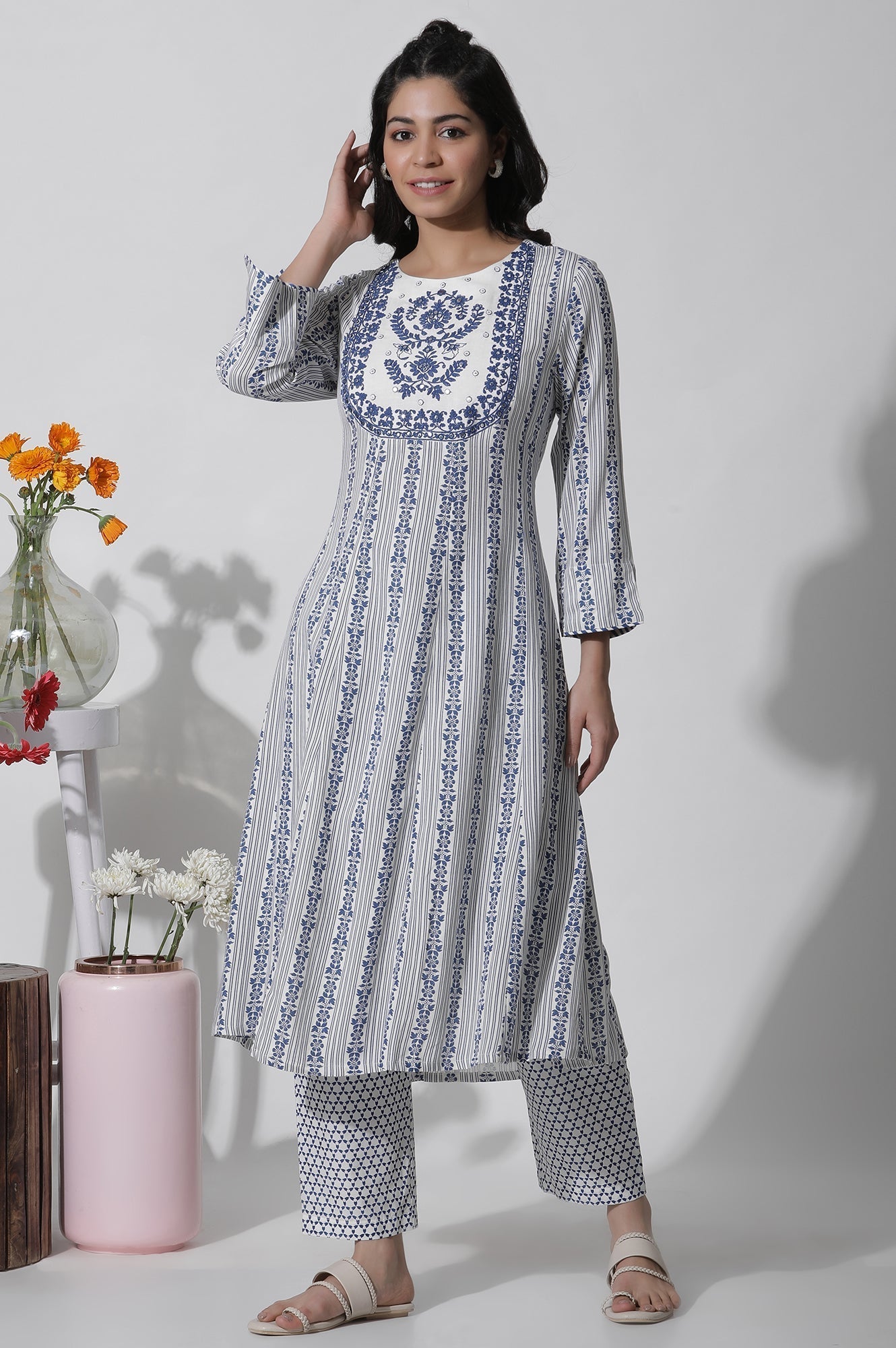 W for Woman White Flared Kurta With Blue Prints