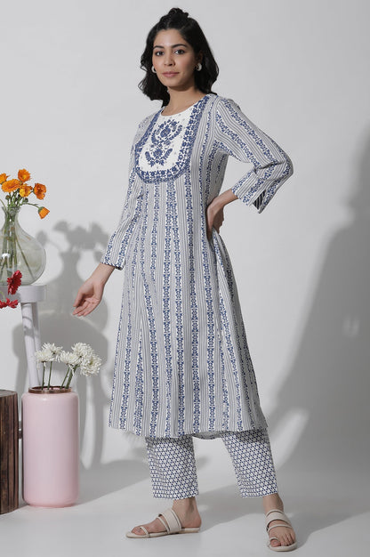 W for Woman White Flared Kurta With Blue Prints
