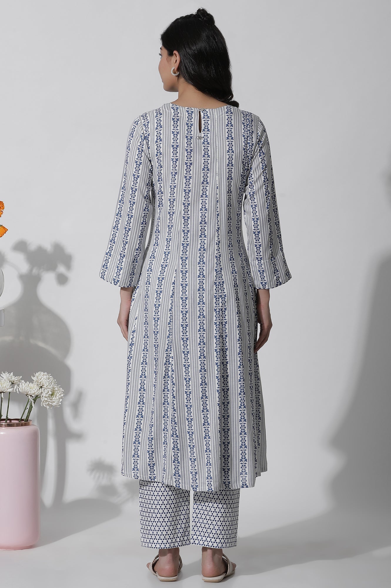 W for Woman White Flared Kurta With Blue Prints