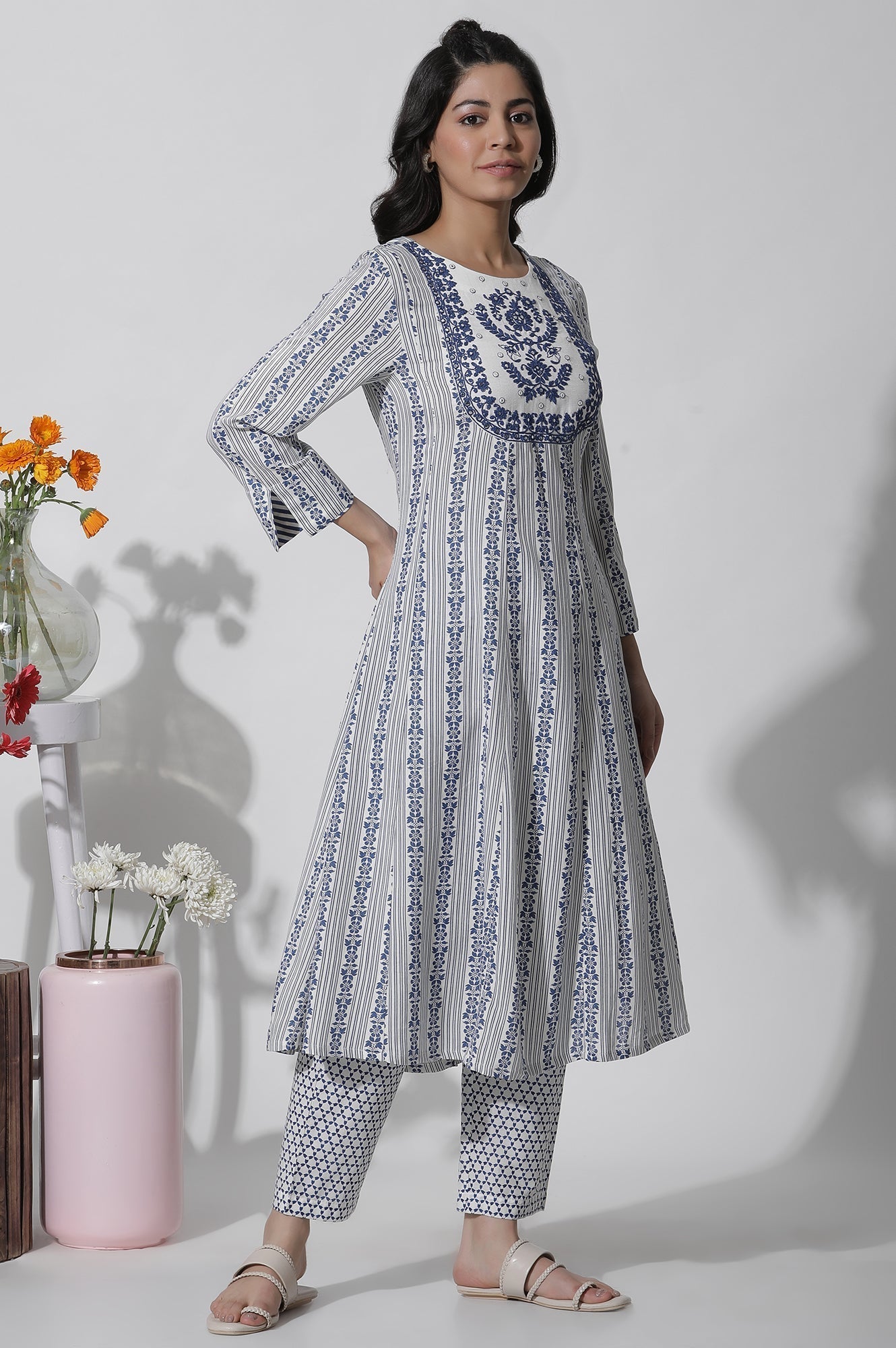 W for Woman White Flared Kurta With Blue Prints
