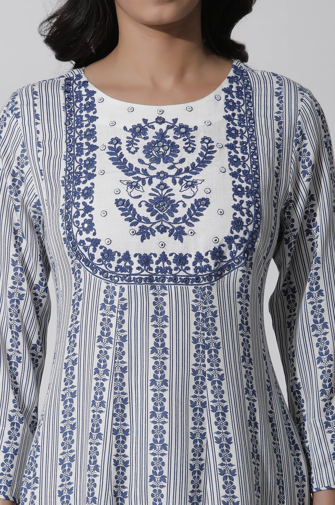 W for Woman White Flared Kurta With Blue Prints