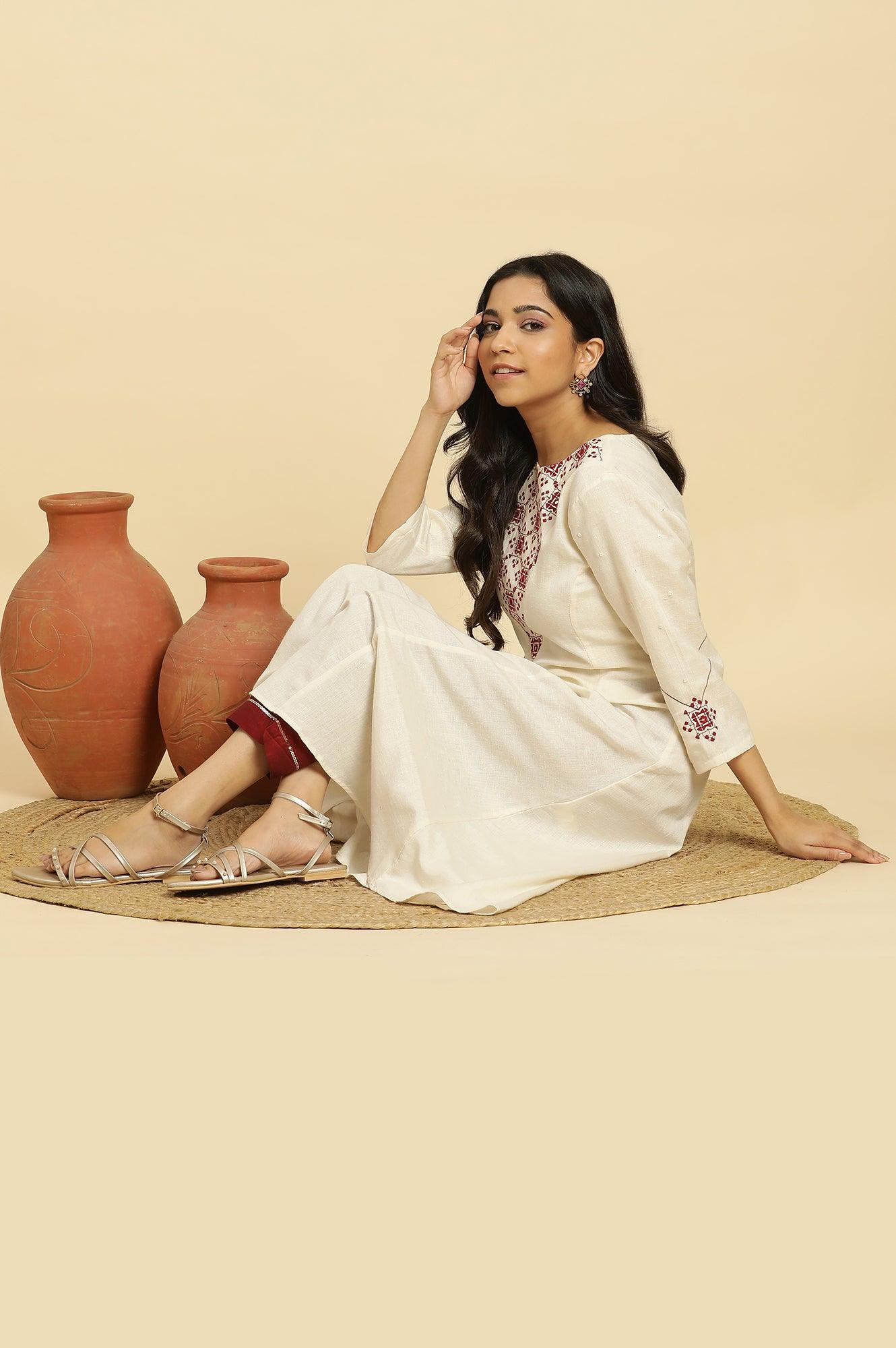 W for Woman White Flared Kurta With Mirror Work And Embroidery