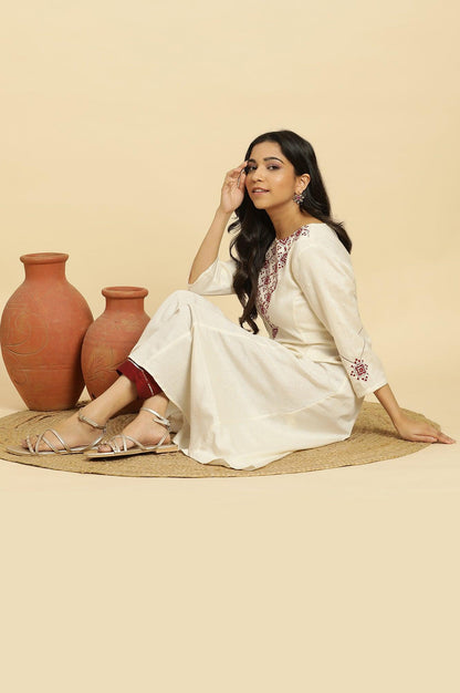 W for Woman White Flared Kurta With Mirror Work And Embroidery