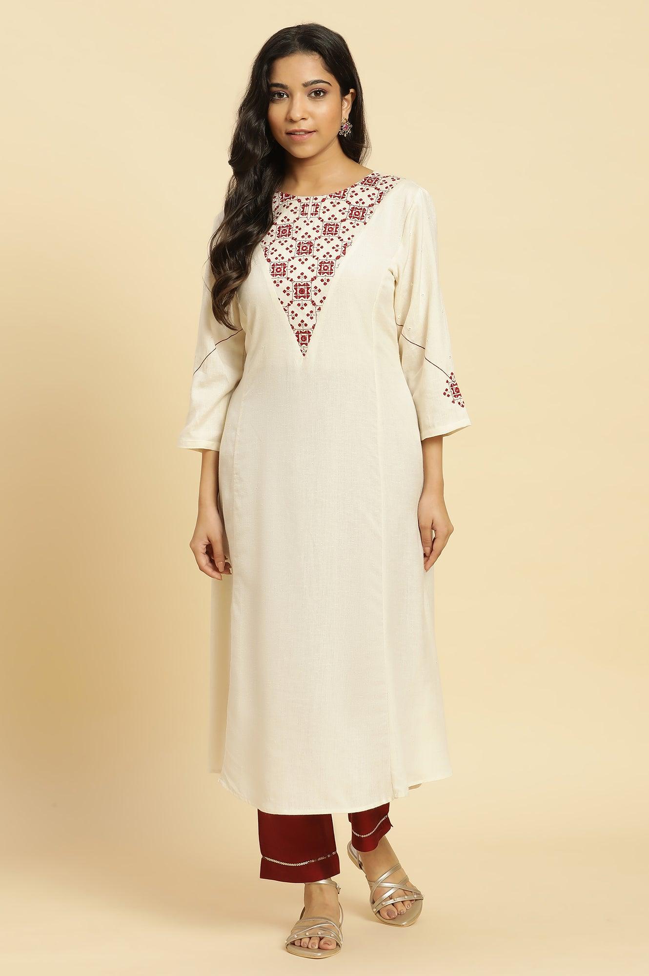 W for Woman White Flared Kurta With Mirror Work And Embroidery