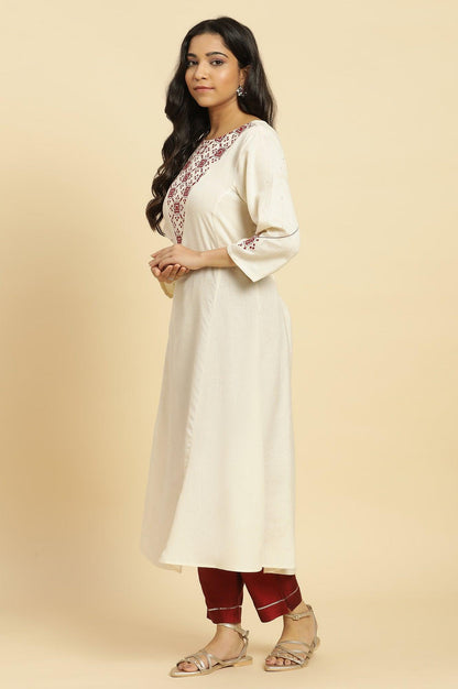 W for Woman White Flared Kurta With Mirror Work And Embroidery