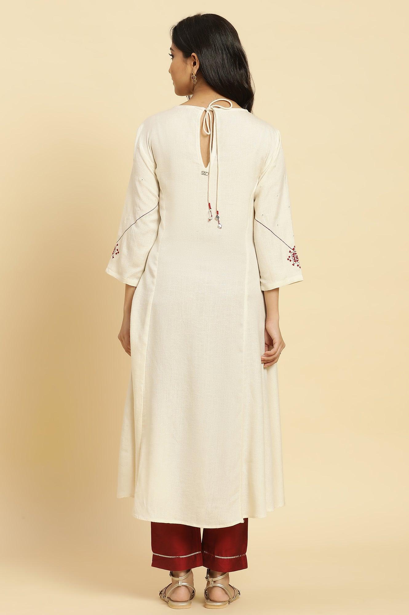 W for Woman White Flared Kurta With Mirror Work And Embroidery