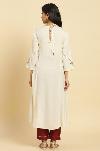 W for Woman White Flared Kurta With Mirror Work And Embroidery