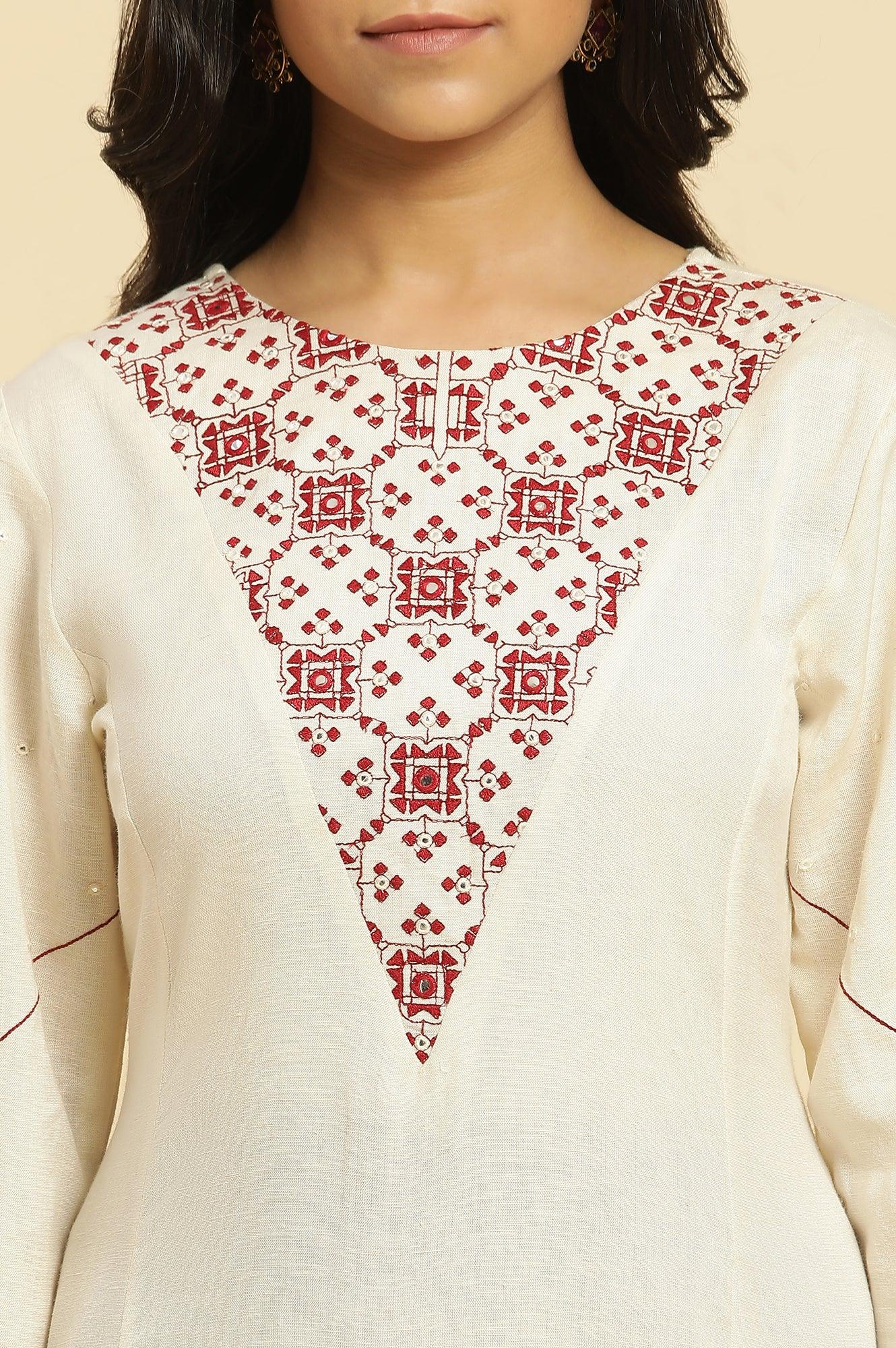 W for Woman White Flared Kurta With Mirror Work And Embroidery