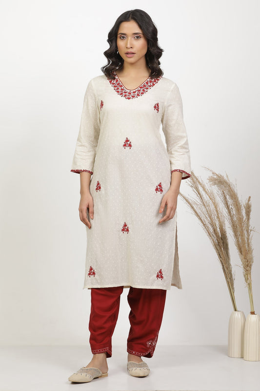 W for Woman White Cotton Kurta With Red Embroidery
