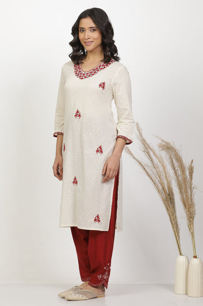 W for Woman White Cotton Kurta With Red Embroidery
