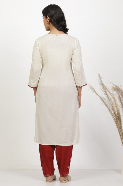 W for Woman White Cotton Kurta With Red Embroidery