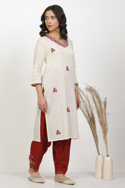 W for Woman White Cotton Kurta With Red Embroidery