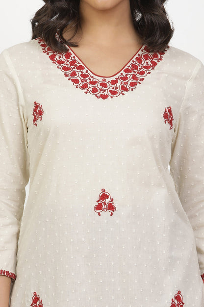 W for Woman White Cotton Kurta With Red Embroidery