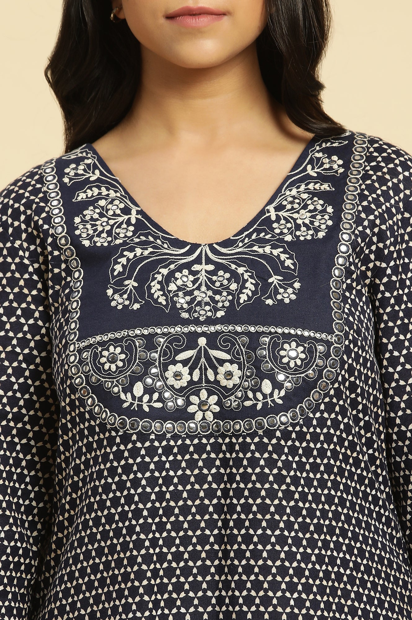 W for Woman Blue Geometric Printed Dori Embroidered Cotton Flax Straight Kurta and Slim Pant Set