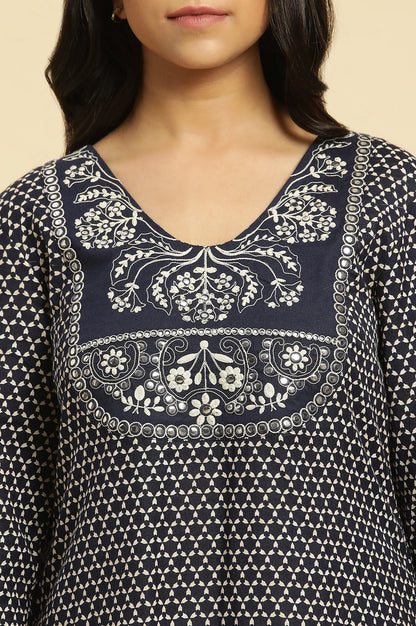 W for Woman Blue Geometric Printed Dori Embroidered Cotton Flax Straight Kurta and Slim Pant Set
