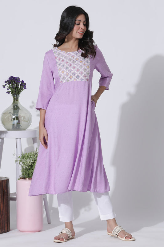 W for Woman Lilac Textured Swiss Dot A-Line Kurta With Thread Mesh Embroidered Yoke
