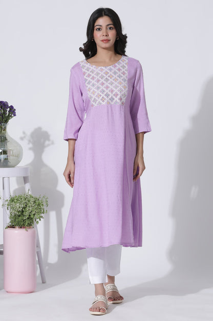 W for Woman Lilac Textured Swiss Dot A-Line Kurta With Thread Mesh Embroidered Yoke