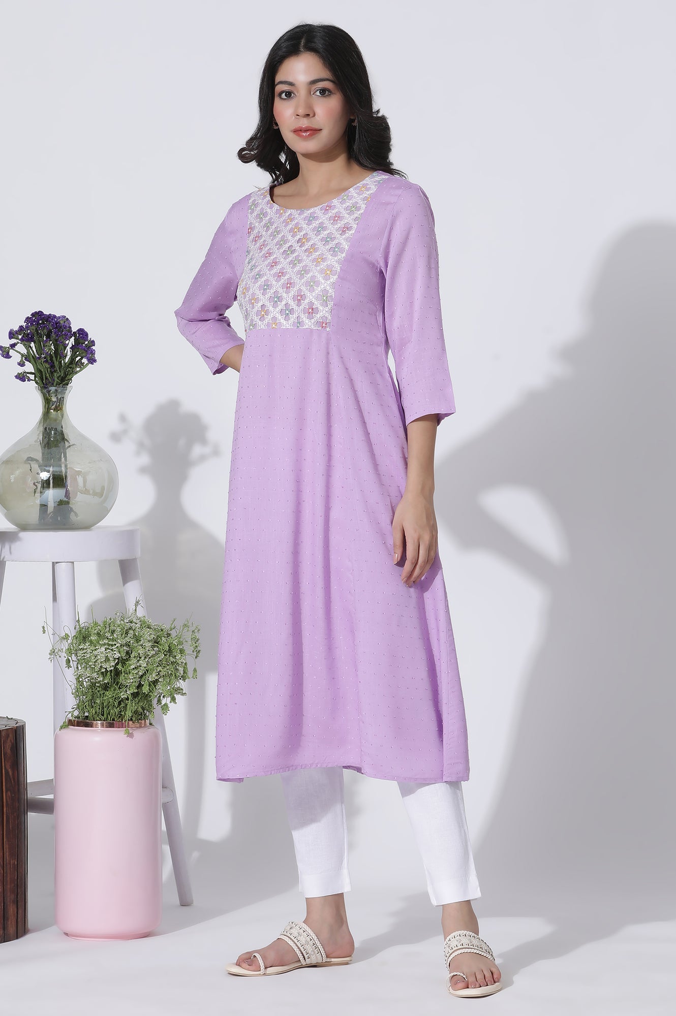 W for Woman Lilac Textured Swiss Dot A-Line Kurta With Thread Mesh Embroidered Yoke