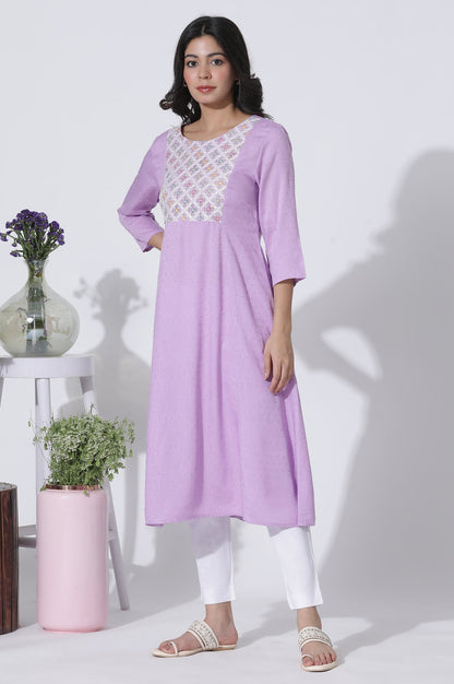 W for Woman Lilac Textured Swiss Dot A-Line Kurta With Thread Mesh Embroidered Yoke
