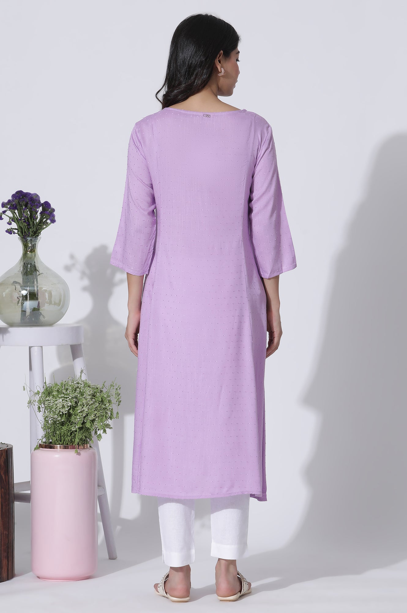 W for Woman Lilac Textured Swiss Dot A-Line Kurta With Thread Mesh Embroidered Yoke