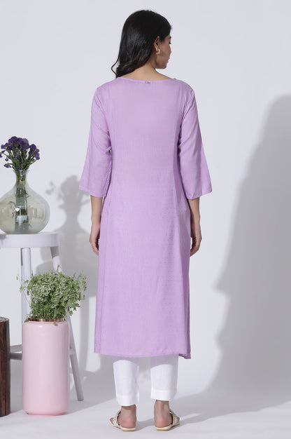W for Woman Lilac Textured Swiss Dot A-Line Kurta With Thread Mesh Embroidered Yoke