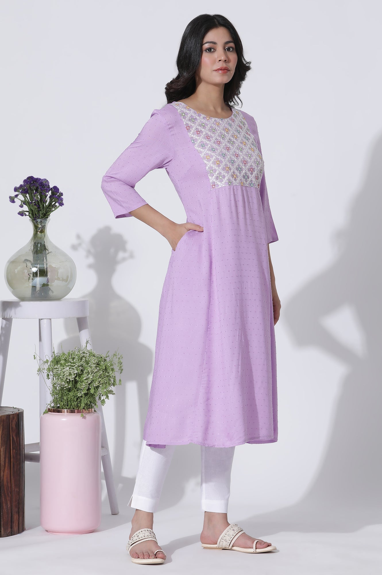 W for Woman Lilac Textured Swiss Dot A-Line Kurta With Thread Mesh Embroidered Yoke