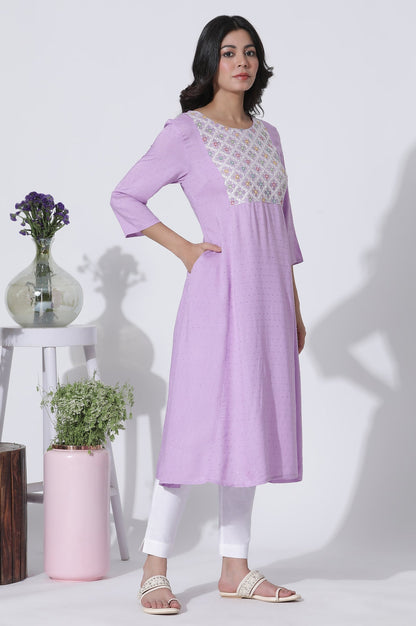 W for Woman Lilac Textured Swiss Dot A-Line Kurta With Thread Mesh Embroidered Yoke
