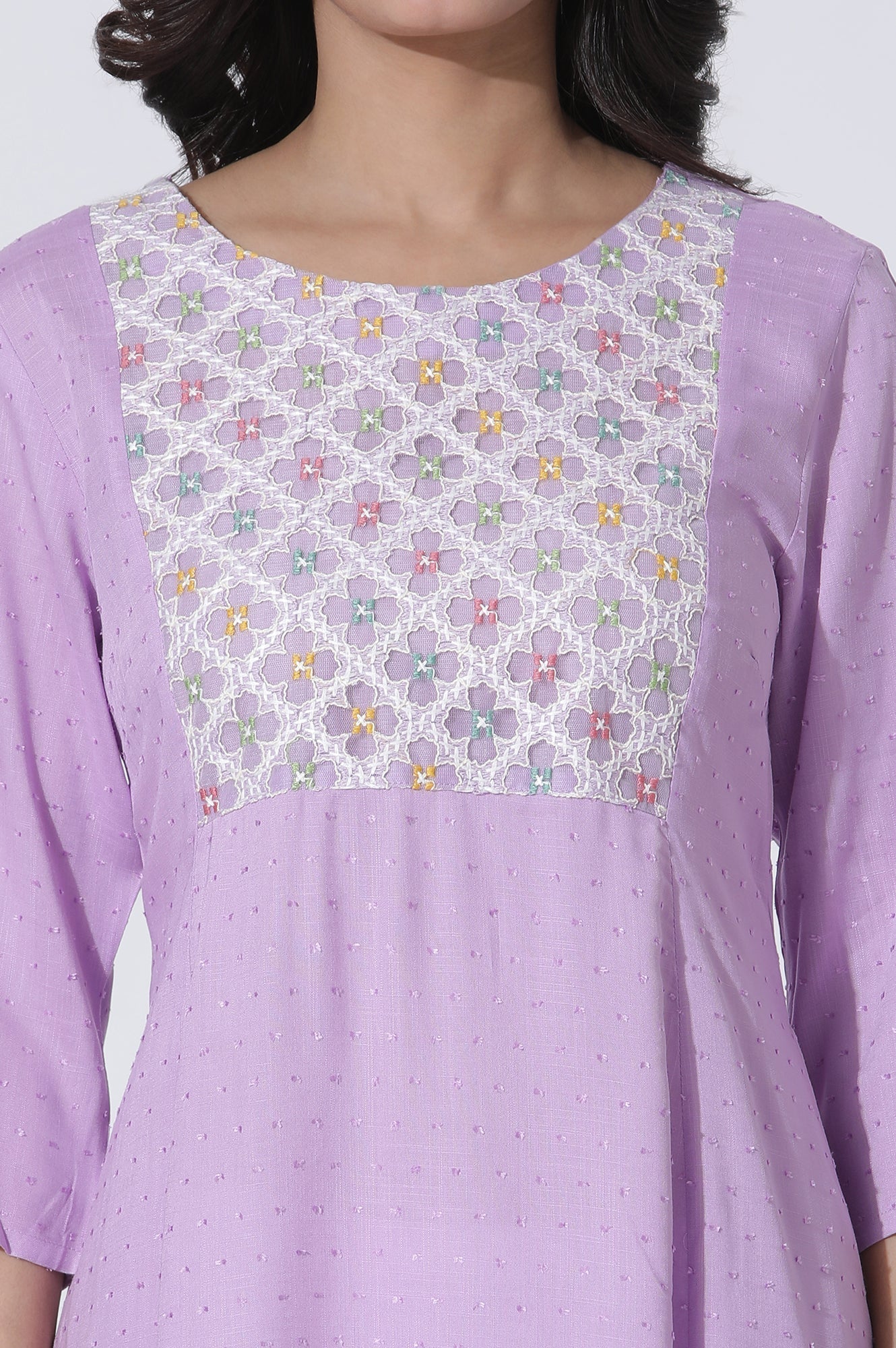 W for Woman Lilac Textured Swiss Dot A-Line Kurta With Thread Mesh Embroidered Yoke