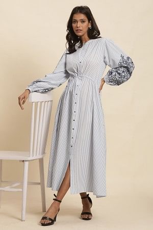W for Woman White And Blue Striped Embroidered Dress