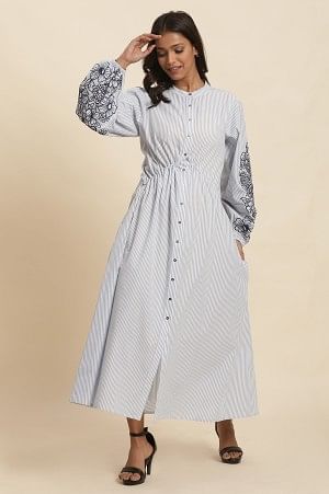 W for Woman White And Blue Striped Embroidered Dress