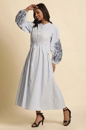 W for Woman White And Blue Striped Embroidered Dress