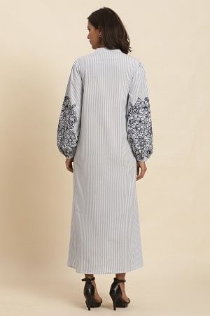 W for Woman White And Blue Striped Embroidered Dress