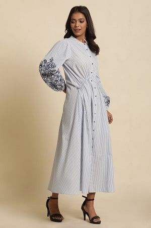 W for Woman White And Blue Striped Embroidered Dress