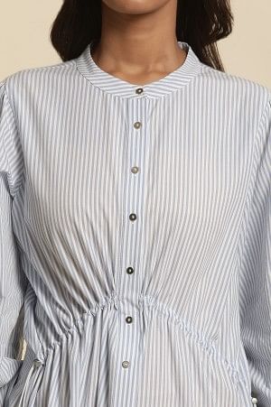 W for Woman White And Blue Striped Embroidered Dress