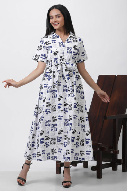 W for Woman White Printed Cotton Schiffli Long Western Dress