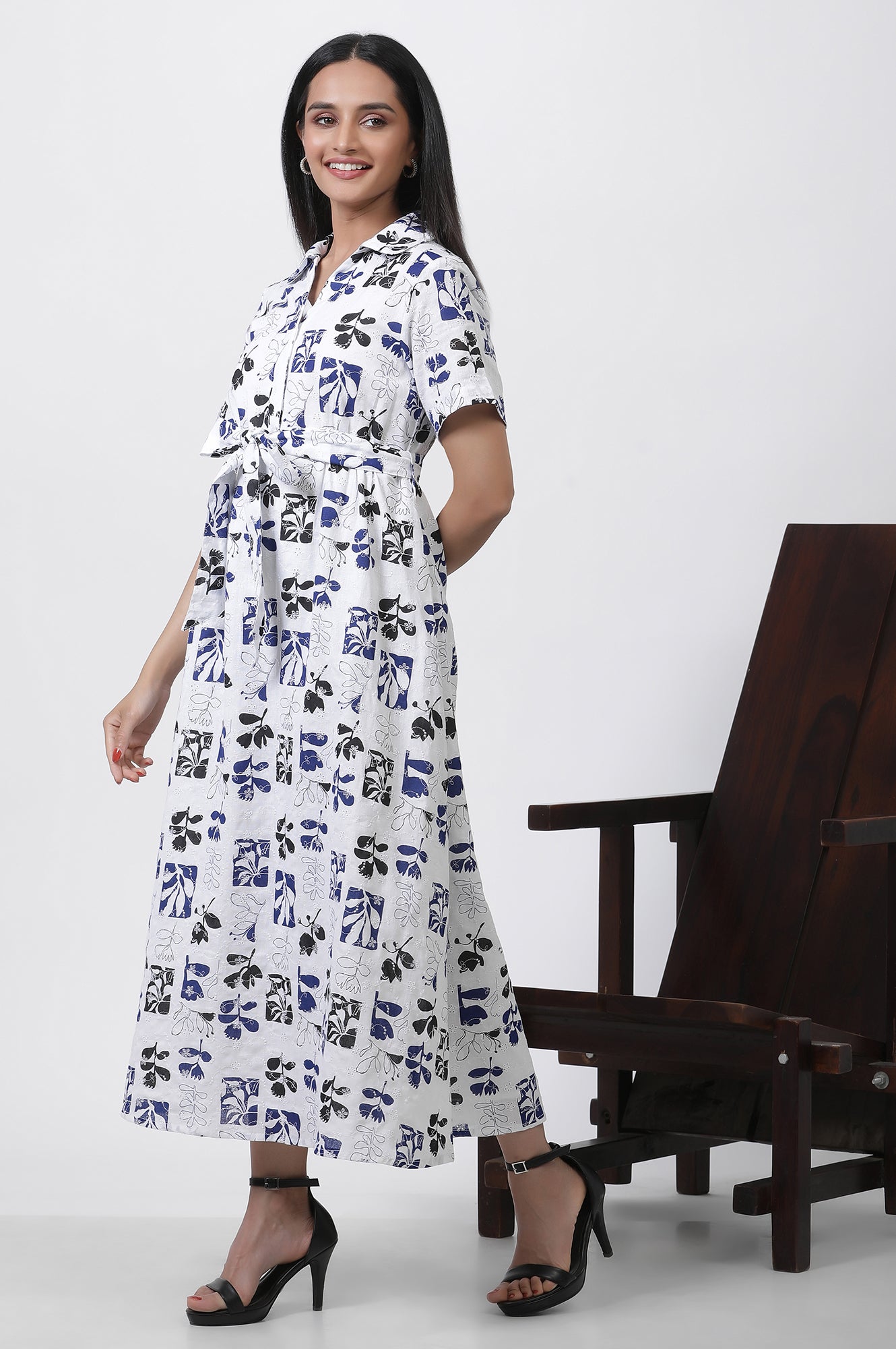W for Woman White Printed Cotton Schiffli Long Western Dress