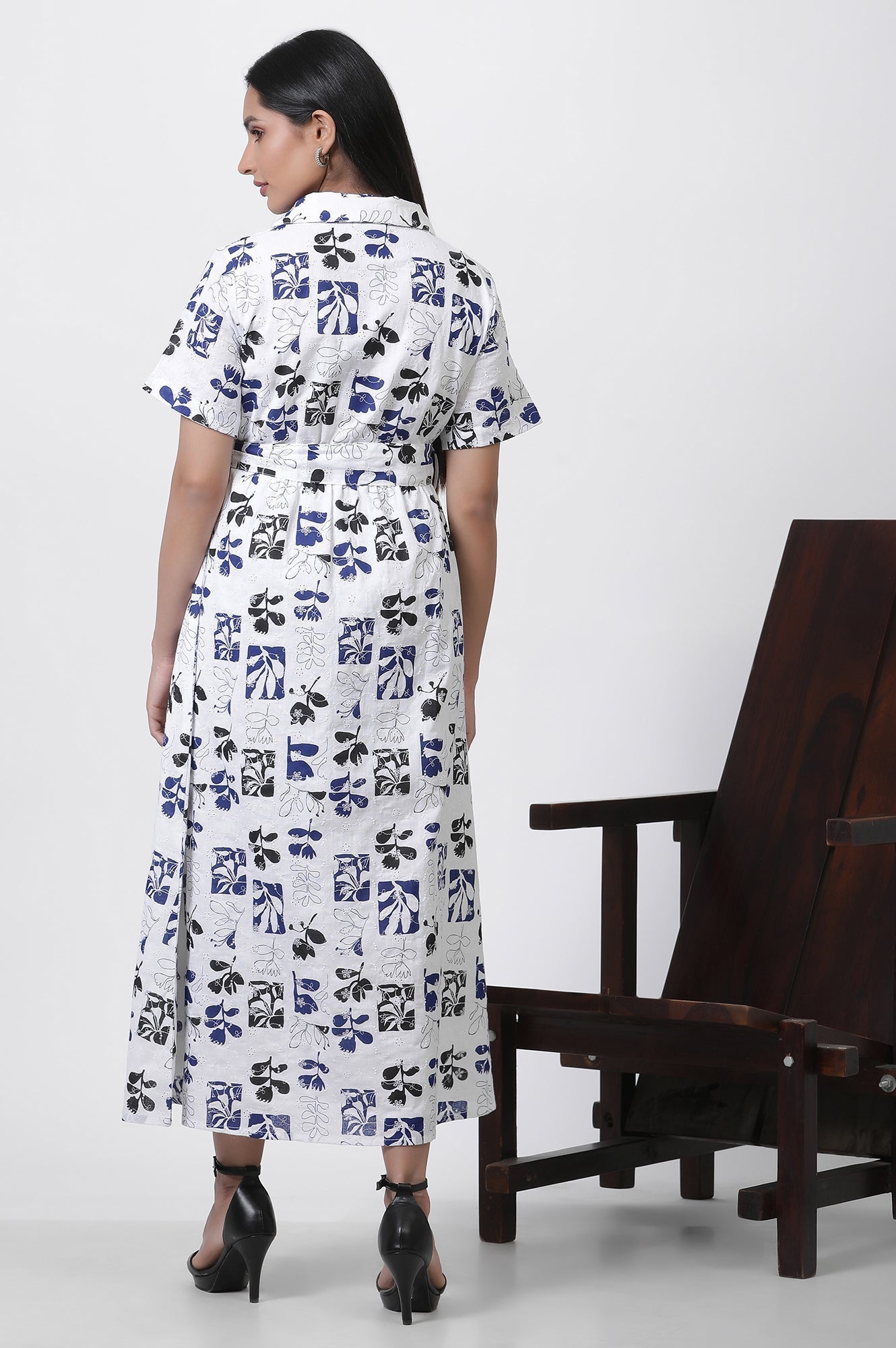 W for Woman White Printed Cotton Schiffli Long Western Dress