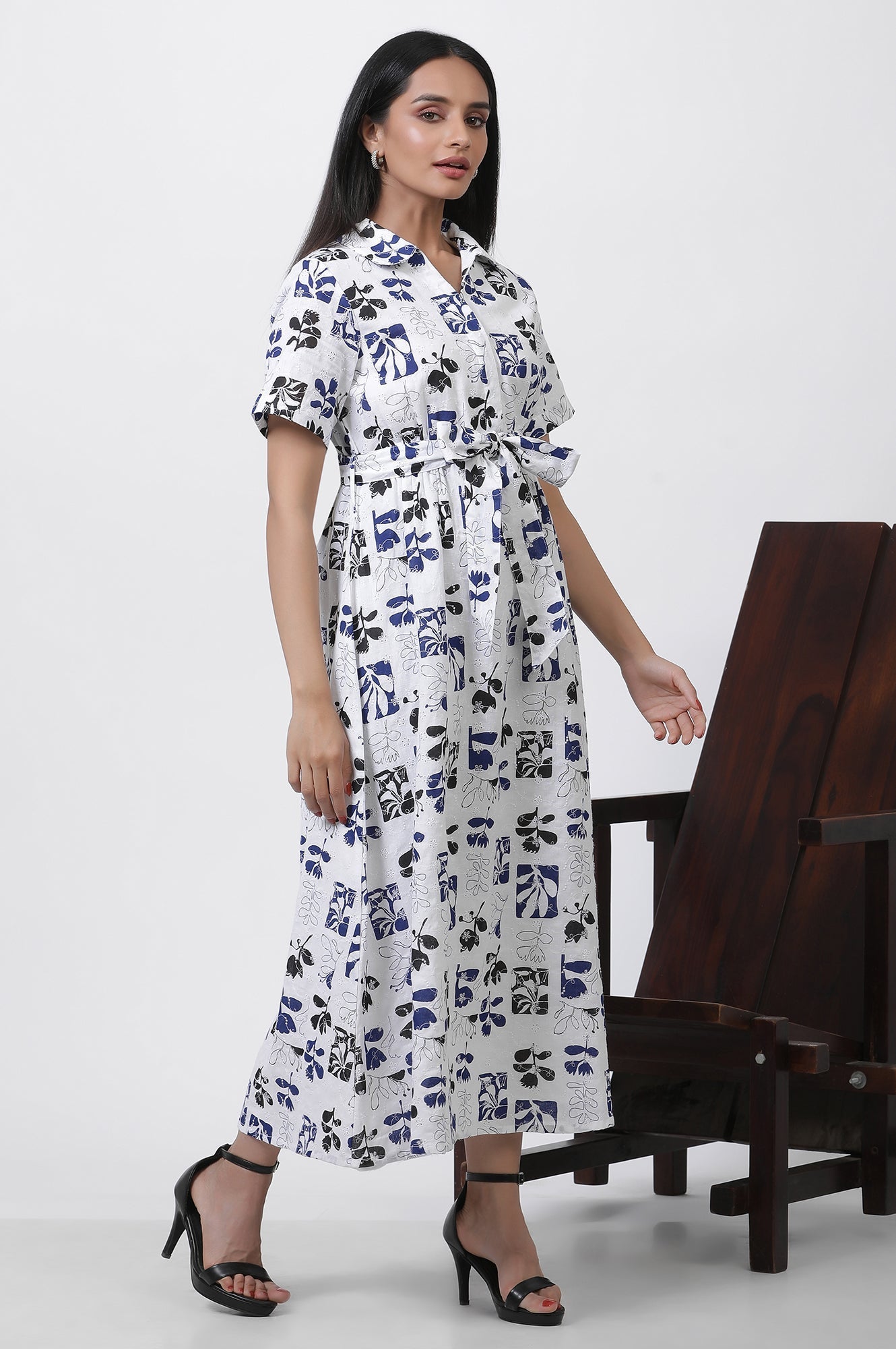 W for Woman White Printed Cotton Schiffli Long Western Dress