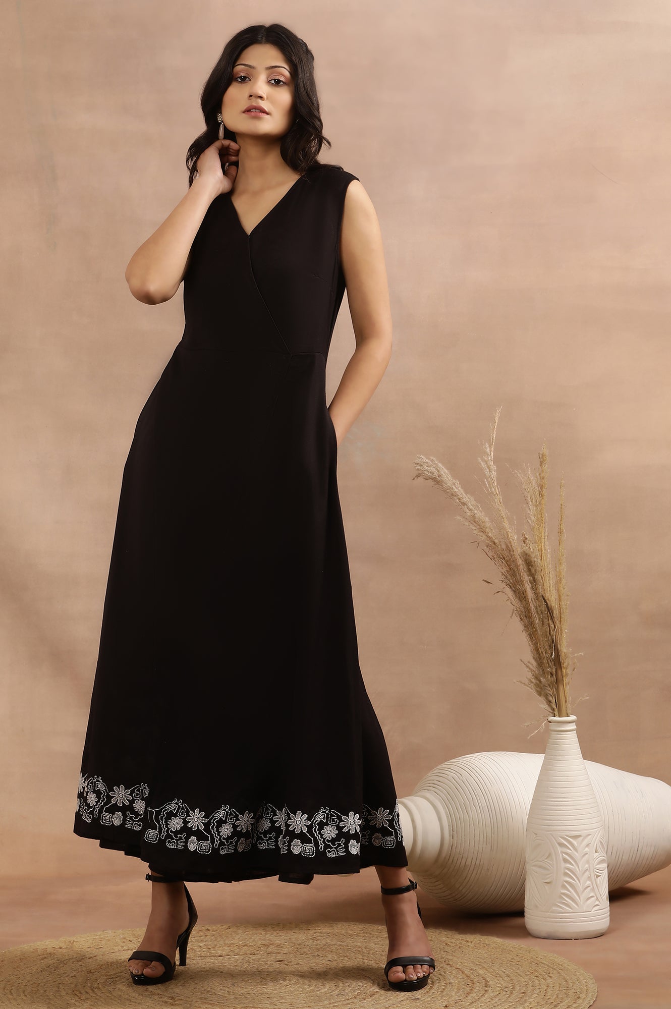 W for Woman Black Sleeveless Long Western Wrap Jumpsuit