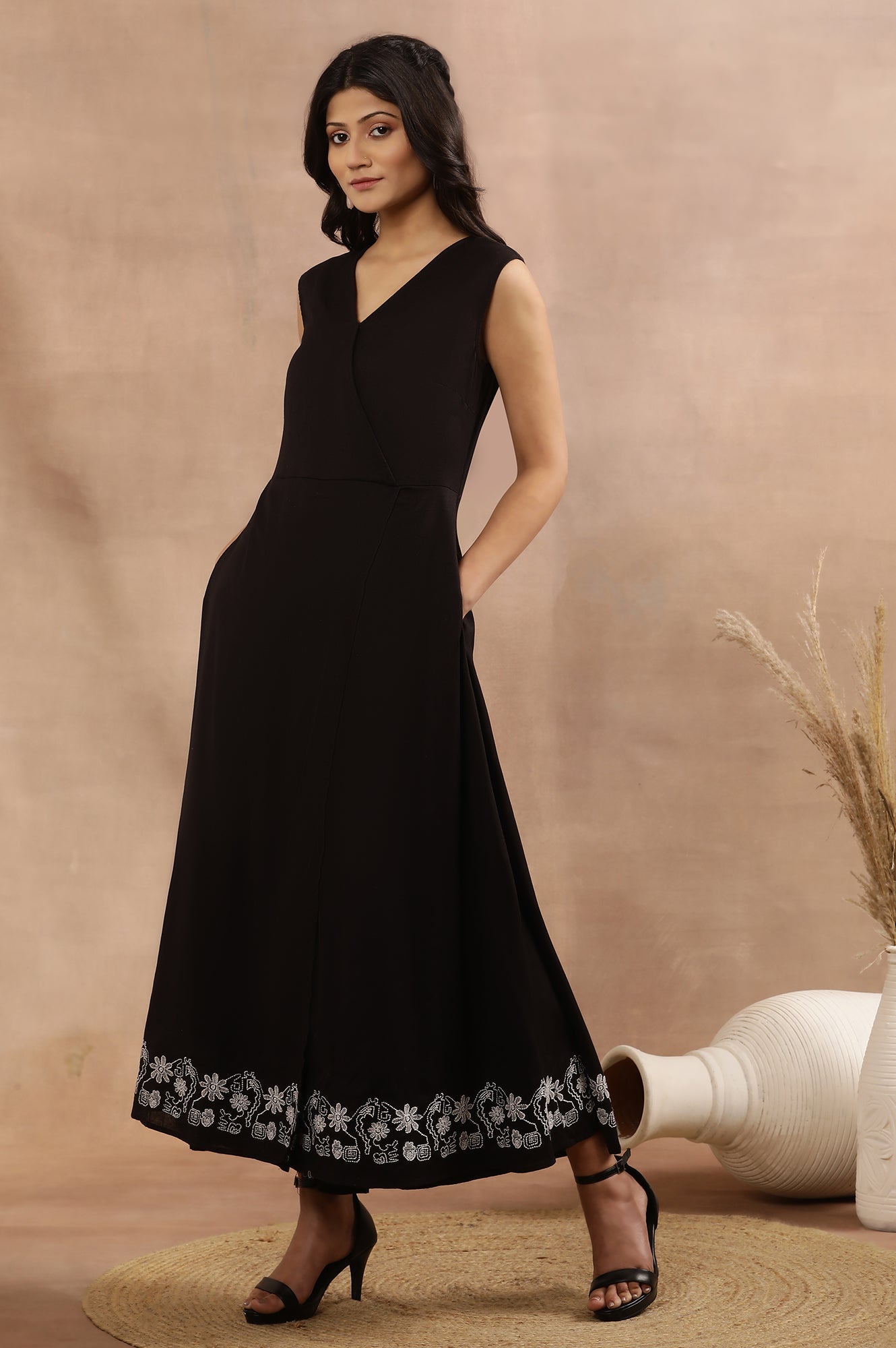 W for Woman Black Sleeveless Long Western Wrap Jumpsuit