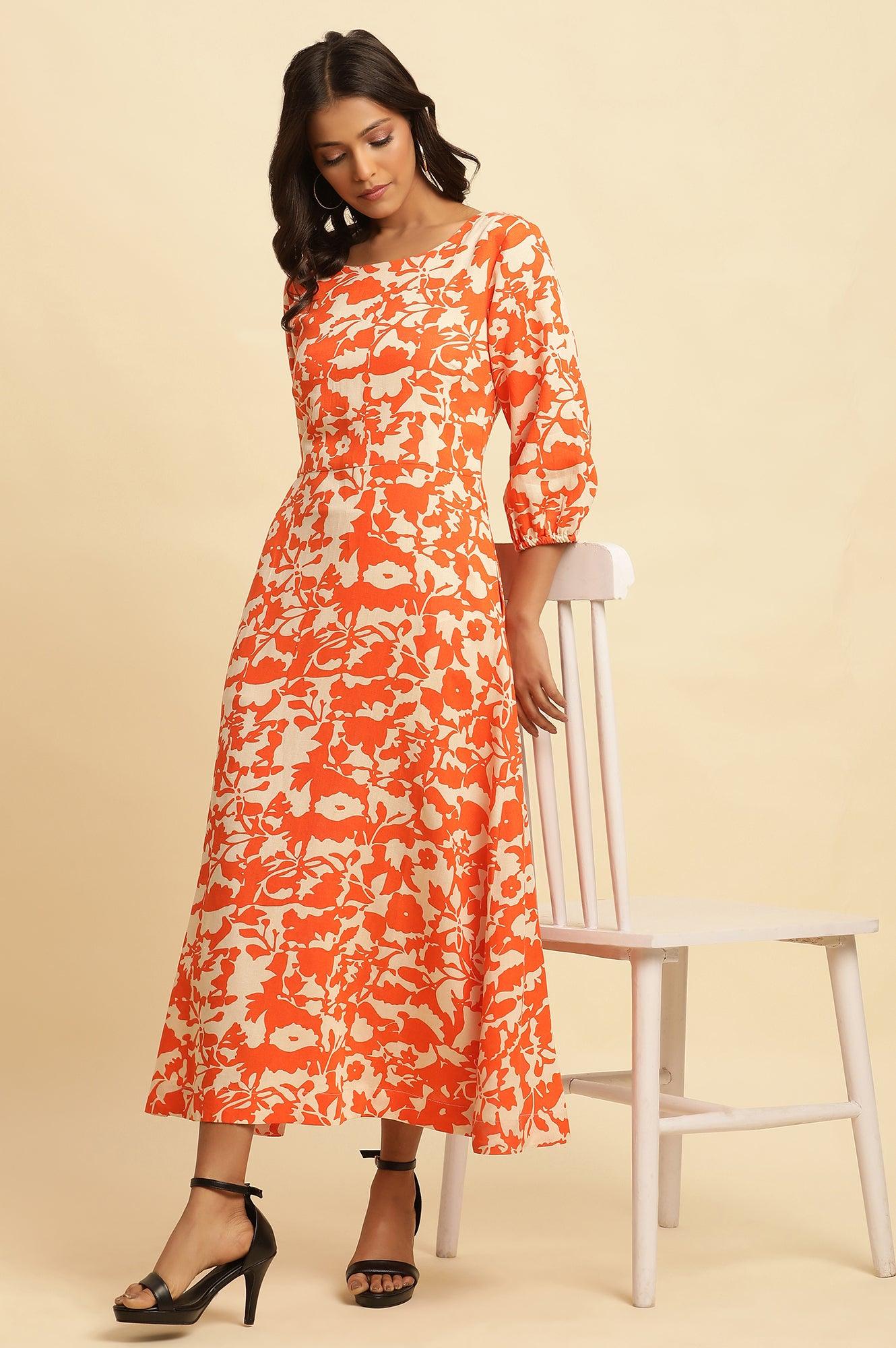 W for Woman Orange and White Printed Long Western Cotton Dress