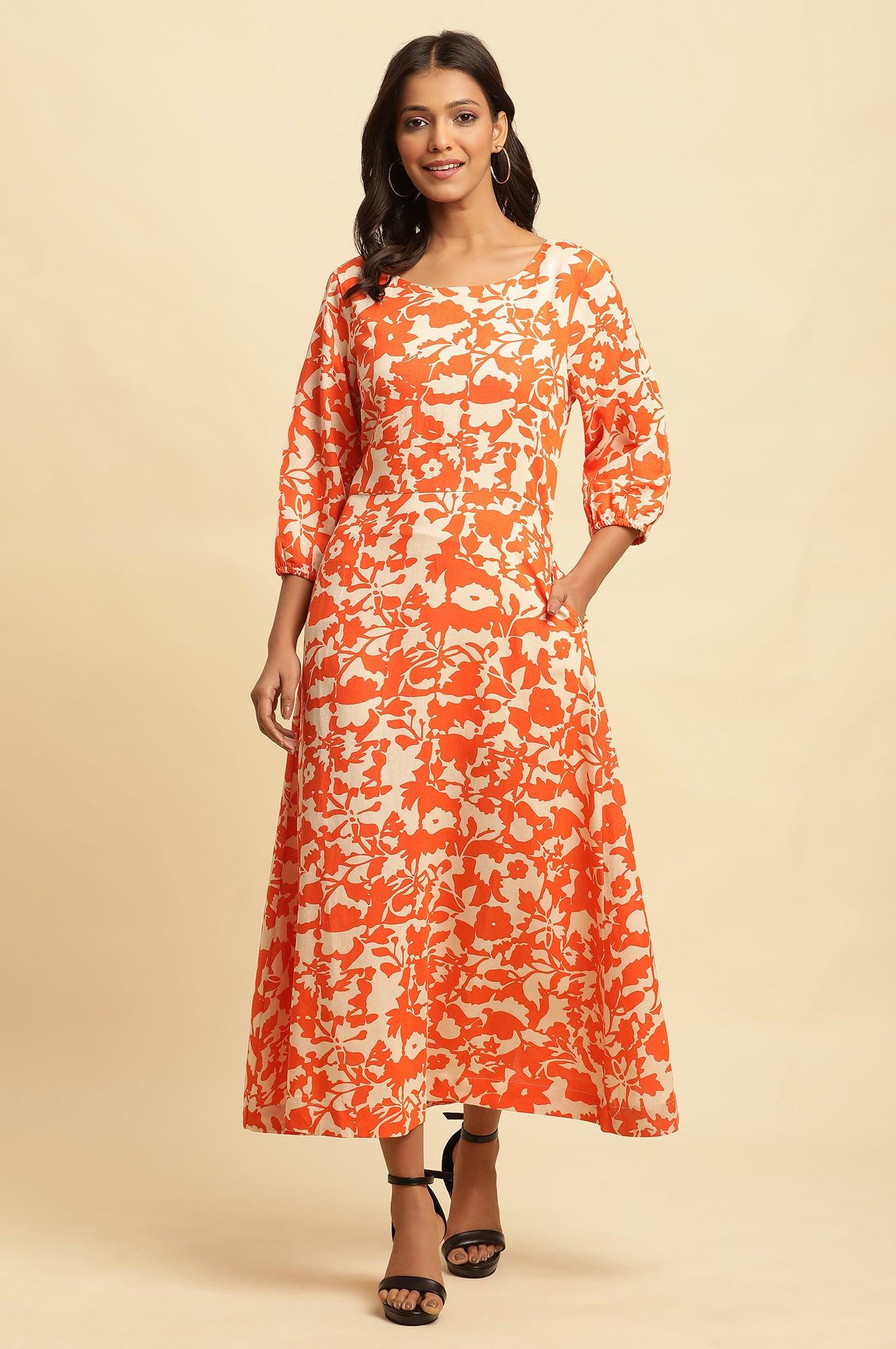 W for Woman Orange and White Printed Long Western Cotton Dress